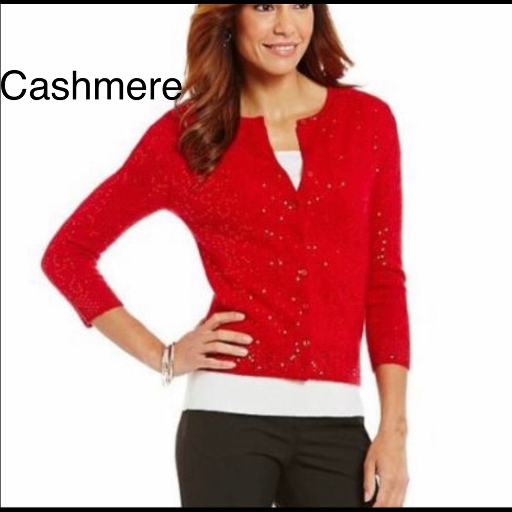 Alex Marie Sweater 100% Cashmere Red Sequined Swirl EUC So Stunningly Soft GORG!